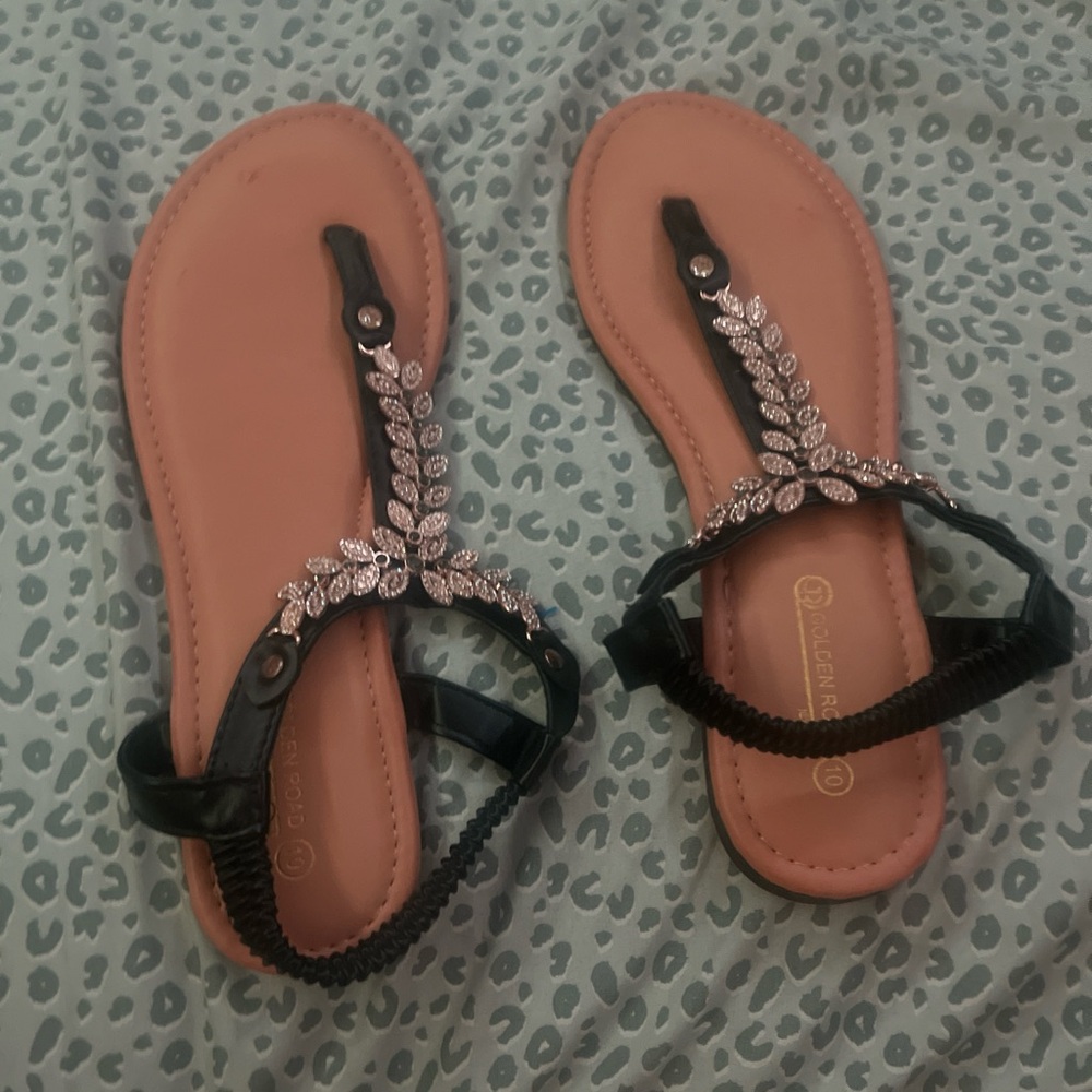 Women's Black Jeweled T-Strap Sandals